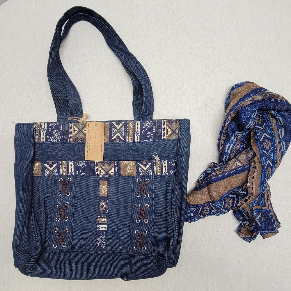 Canyon Sky Women's Demin Western Tote Handbag Zipper With Scarf - Blue Brand New